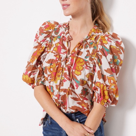 Cleobella Tops - Cleobella Ruched Puff Sleeve Blouse in Orange and Brown